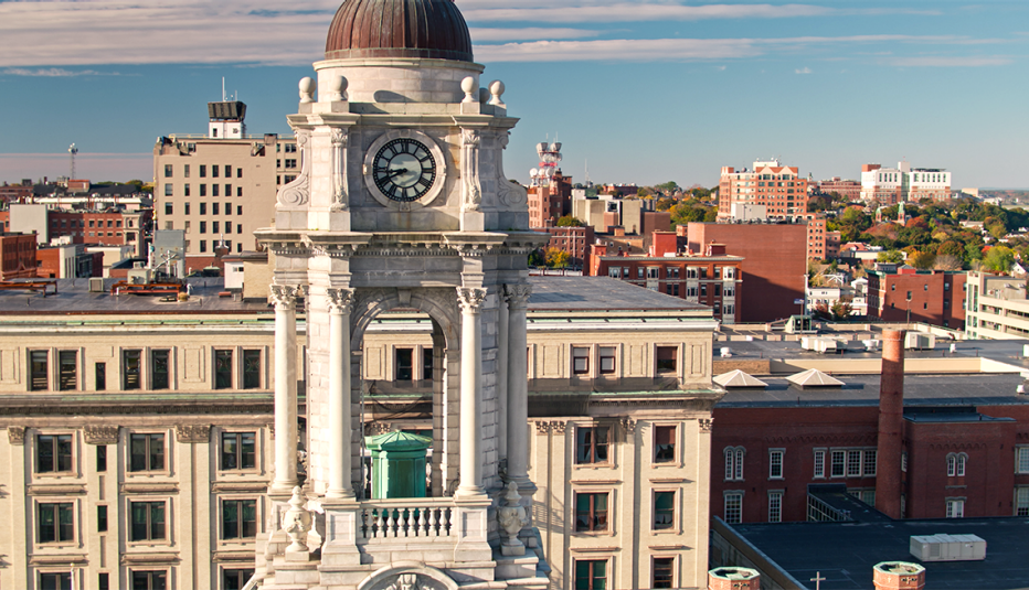 The Portland City Hall clock tower in Portland, Maine
