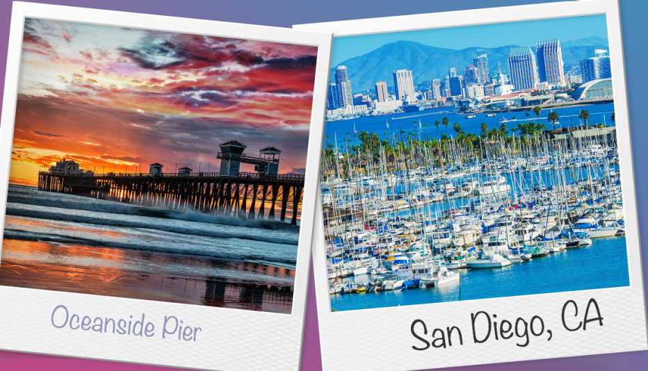 left a colorful sunset at oceanside pier right san diego california as seen from the ocean