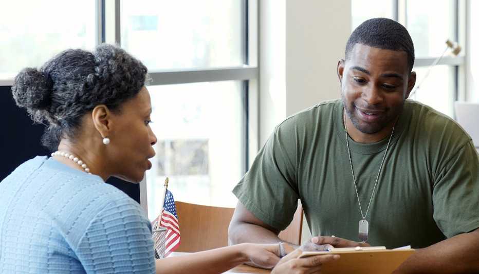 A veteran gets help at a bank