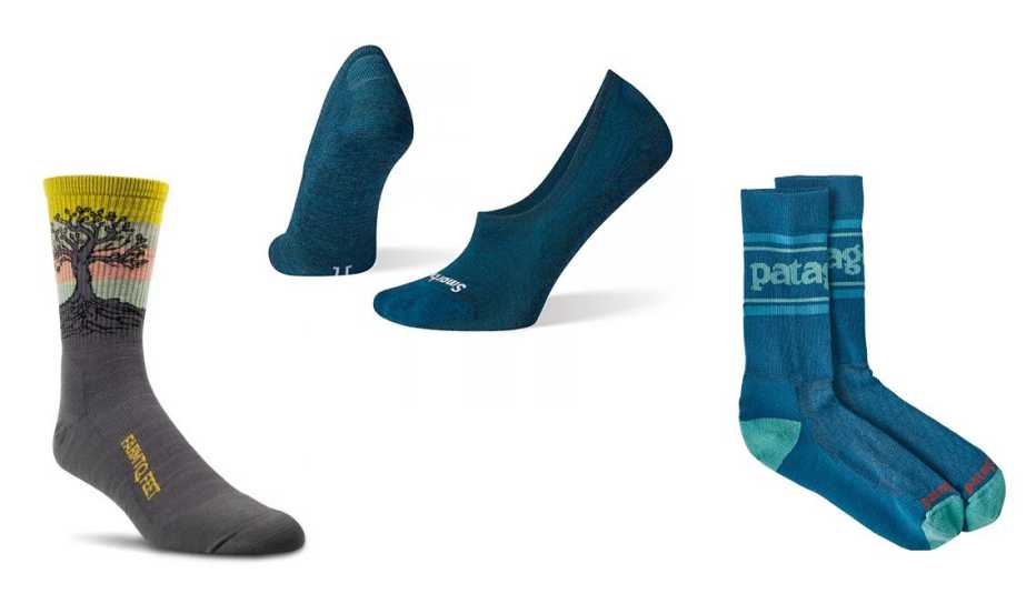 left to right farm to feet eureka socks then smart wool no show womens socks then patagonia lightweight merino performance crew socks