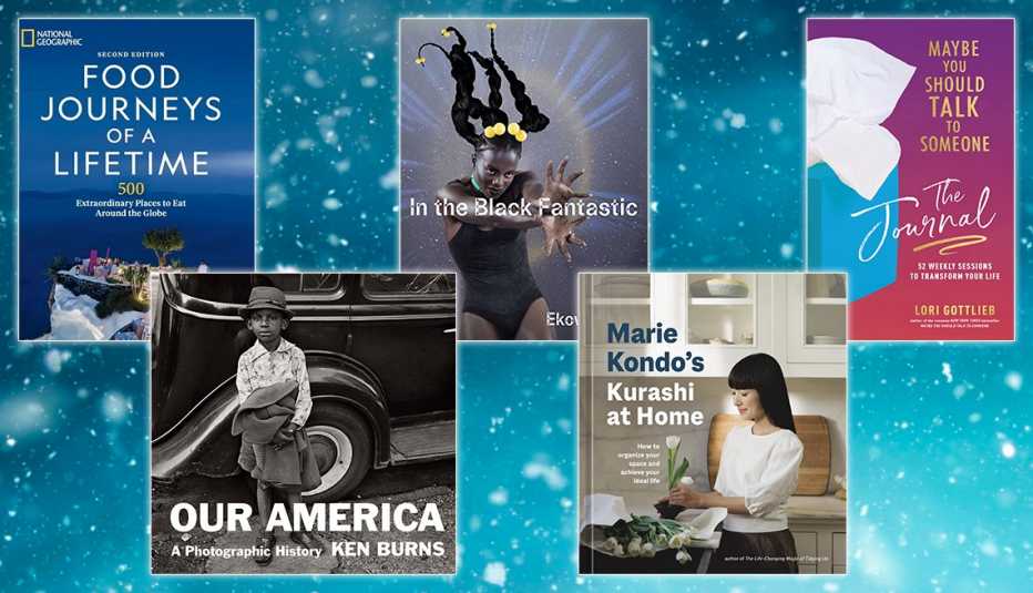 books left to right food journeys of a lifetime then our america then in the black fantastic then kurashi at home then maybe you should talk to someone