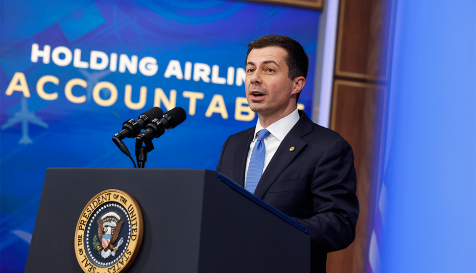 transportation secretary pete bittigieg giving remarks on new airline regulations under the biden administration