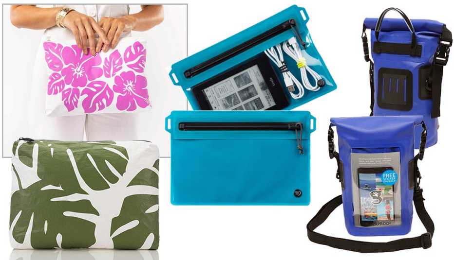 examples of three styles of waterproof pouches for travel