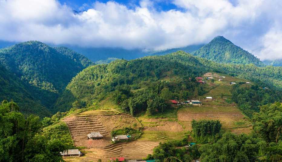 Beautiful view of Terraced rice field and mountain in the clouds. Cat Cat village, Vietnam, a popular tourist trekking destination.