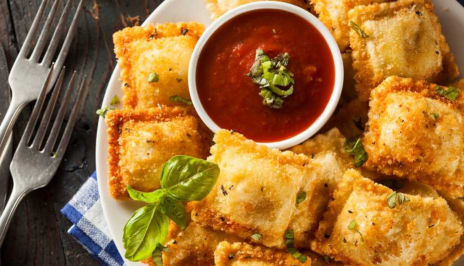 Homemade Fried Ravioli with Marinara Sauce and Basil