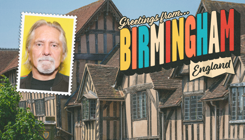building as background; photo of geezer butler in upper left corner; the words greetings from birmingham england in upper right corner