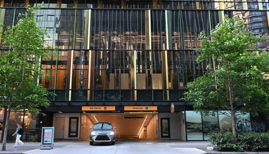 entrance and exit of amazon parking garage; vehicle exiting