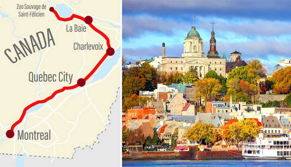 section of a map showing a road trip between Montreal and Lake Saint-Jean in the Quebec province