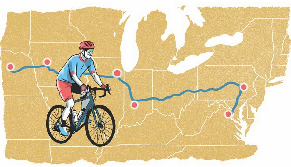map of much of the eastern half of the US with a cyclist overlaid and cities highlighted