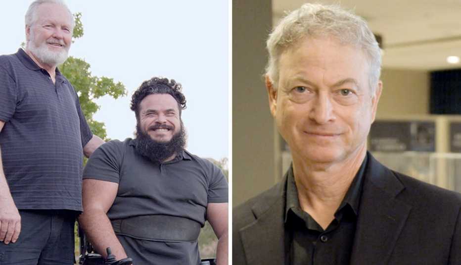 jason ross and his father and a separate image of gary sinise