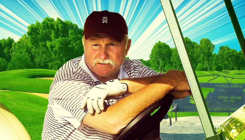 a photo illustration shows william edward holland junior in a golf cart