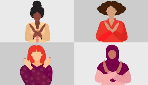 cartoon of four women holding their arms up in a crossed position in front of them