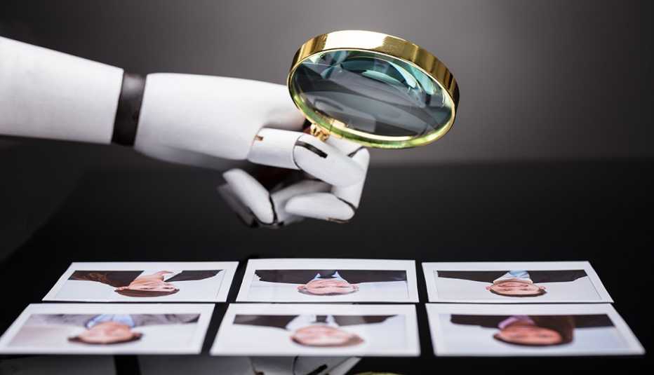 A robot hand looking over images of job applicants