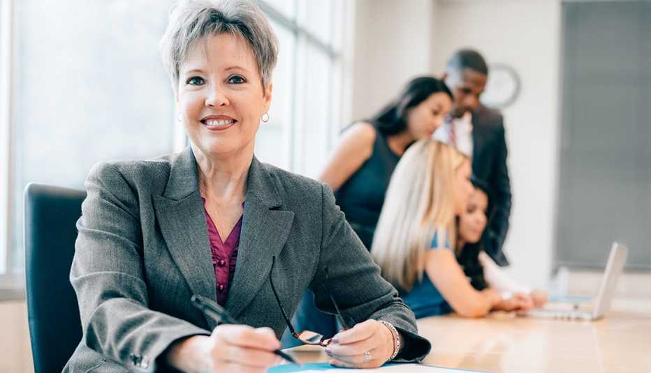 A woman is working at a table