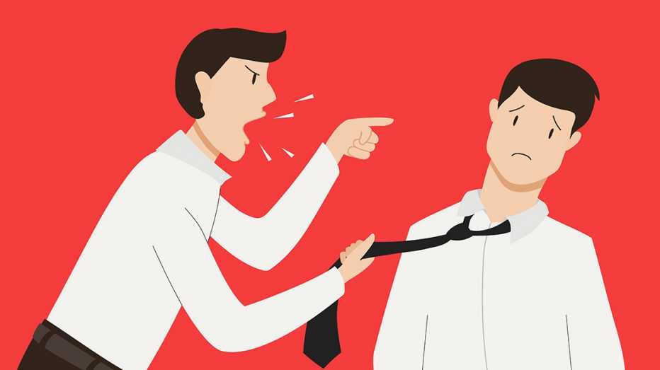 an illustration of a man in a work shirt yelling at another man in a work shirt on a red background