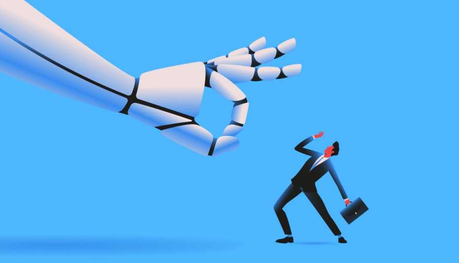 giant robot arm about to flick away a businessman with its finger