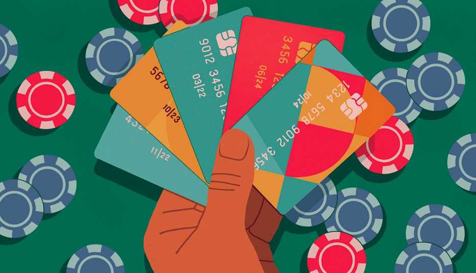 Ilustración de una mano sosteniendo varias tarjetas de crédito