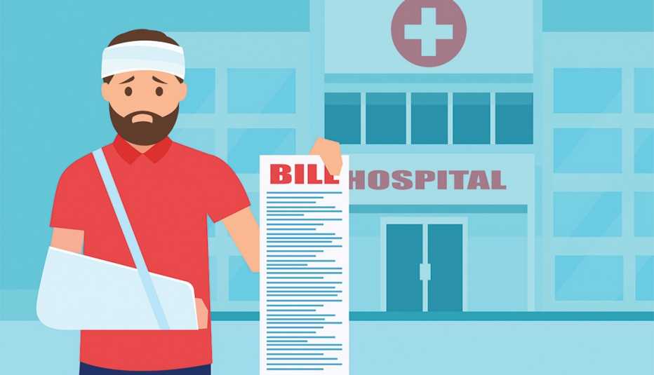 Ilustración de una persona con vendajes que enseña una factura médica muy larga