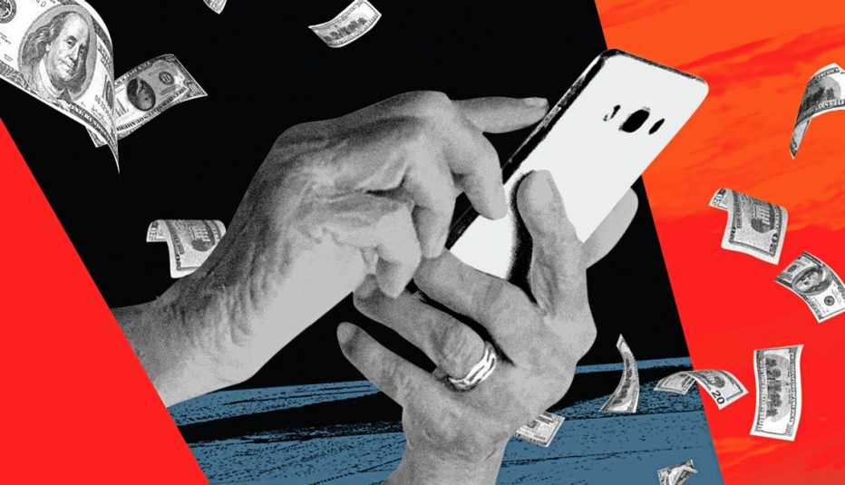 Manos de un hombre sostienen y digitan sobre un teléfono y alrededor vuelan billetes de 100 dólares