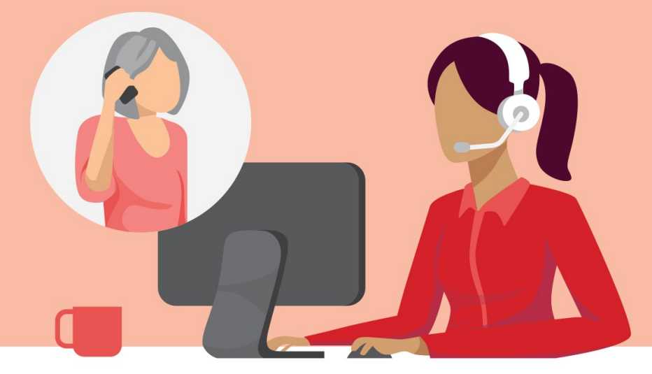 Gráfica mostrando a una agente de servicio al cliente y en una burbuja una mujer mientras contesta el teléfono 