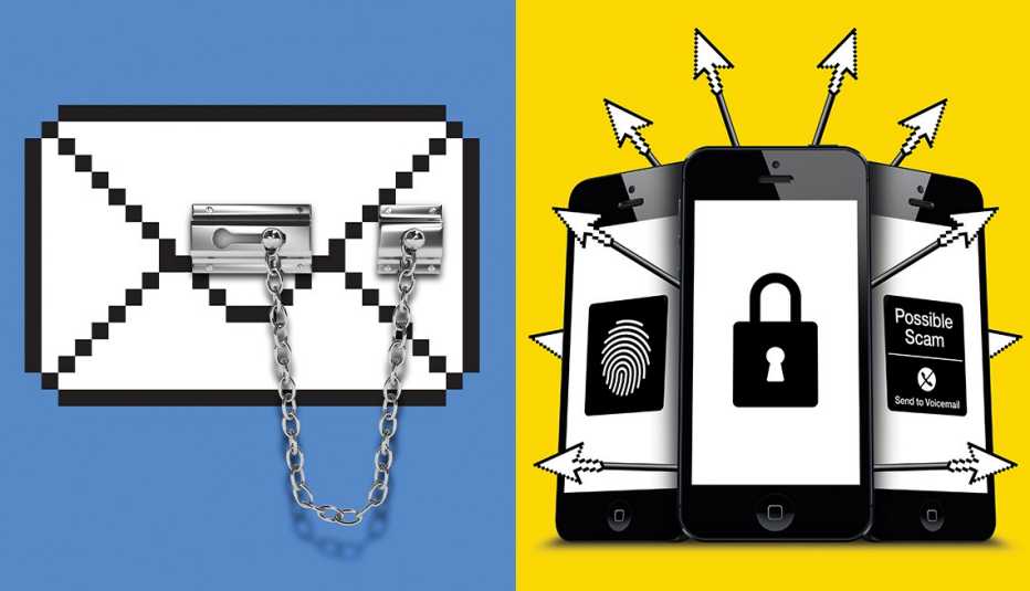 Ilustración de un sobre con una cadena de seguridad y de un teléfono bloqueado