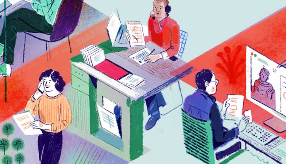 Ilustración de una oficina donde ayudan a personas con sus impuestos