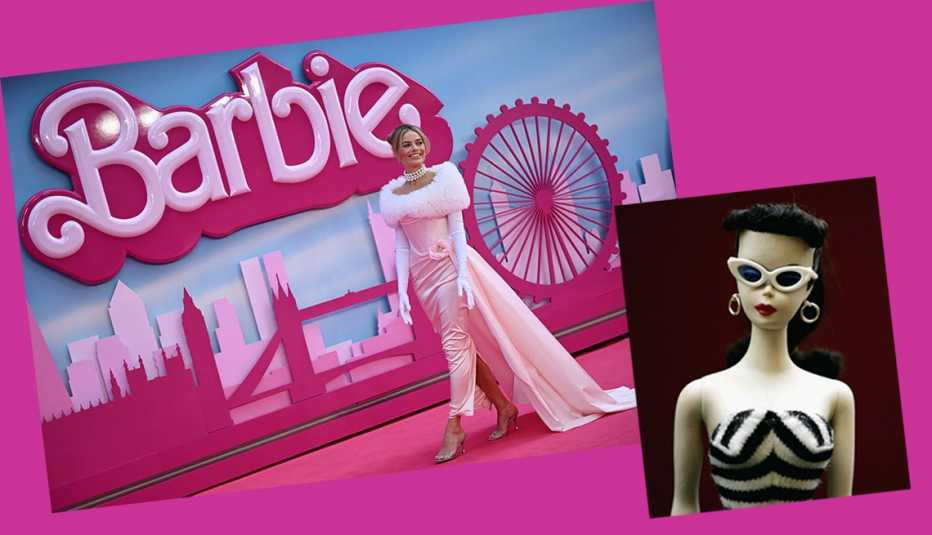 Actriz Margot Robbie en la alfombra rosada de la premier de la película Barbie y al lado un modelo de una barbie