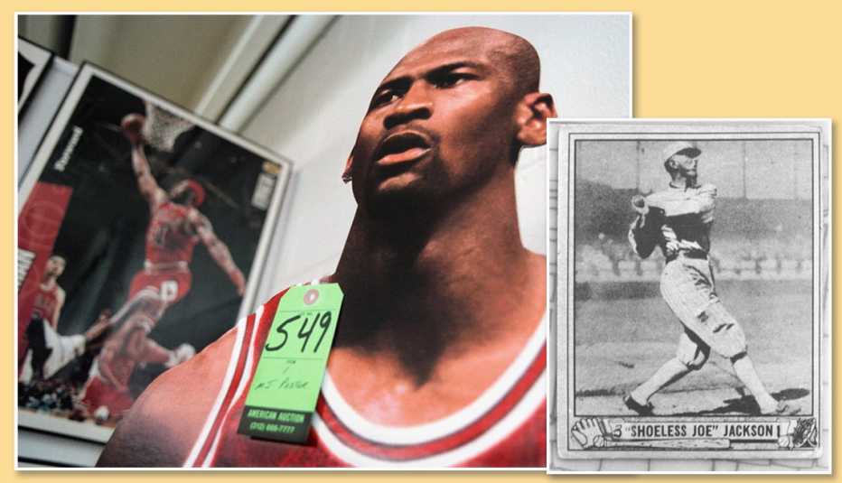 Tarjeta de béisbol de Joe Jackson, afiche de Michael Jordan. Y el afiche de Dennis Rodman.