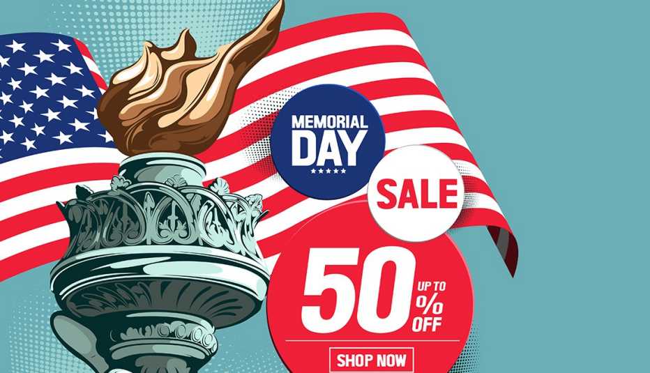 Ilustración de una publicidad de ventas para el Día de recordación con la bandera de Estados Unidos y la Estatua de la Libertad.