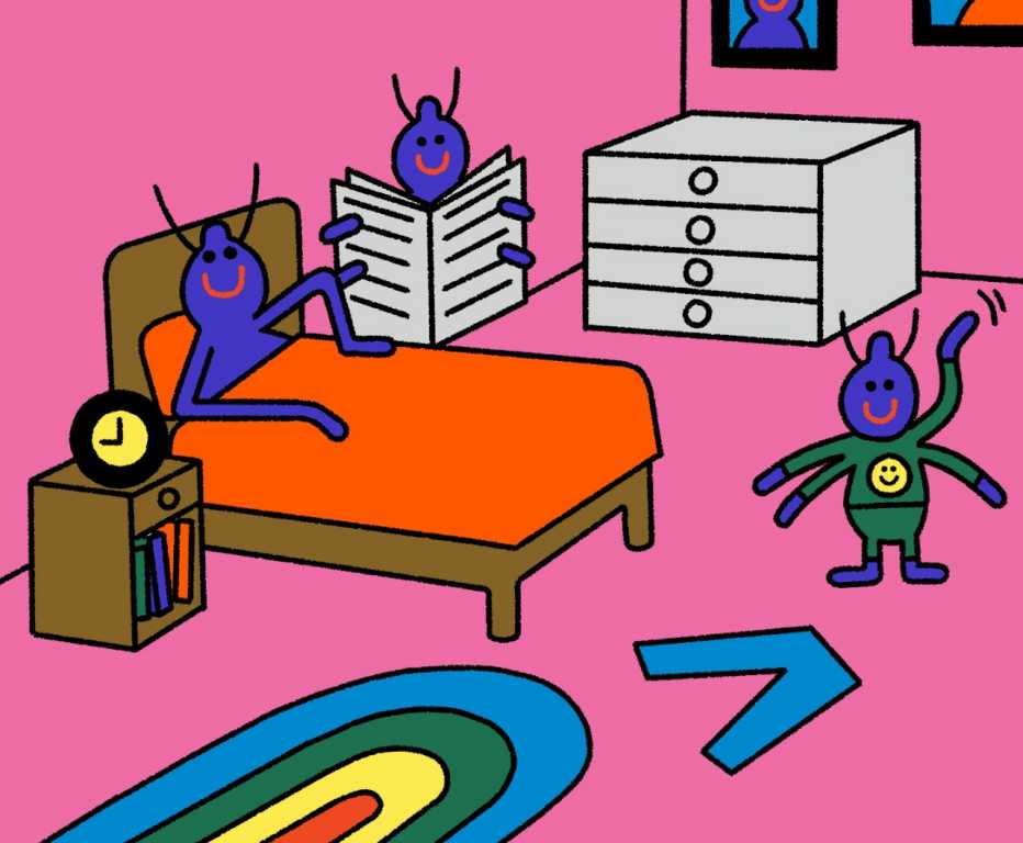 Ilustración de una familia de chinches en un cuarto de una casa.
