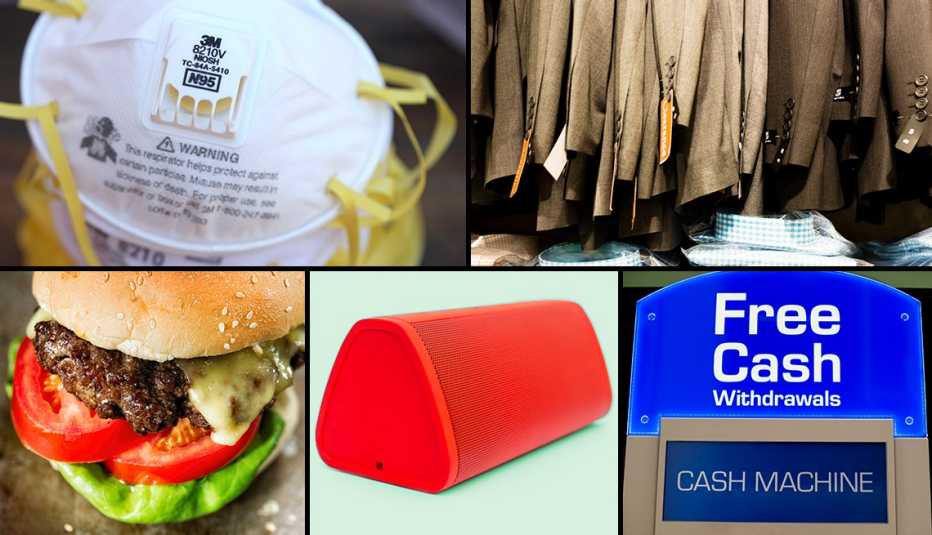 Mascarilla, trajes de hombre, hamburguesa, parlante portátil, y cajero automático 