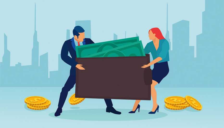 Ilustración de un hombre y una mujer que pelean por una billetera gigante la cual jalan cada uno a su lado.