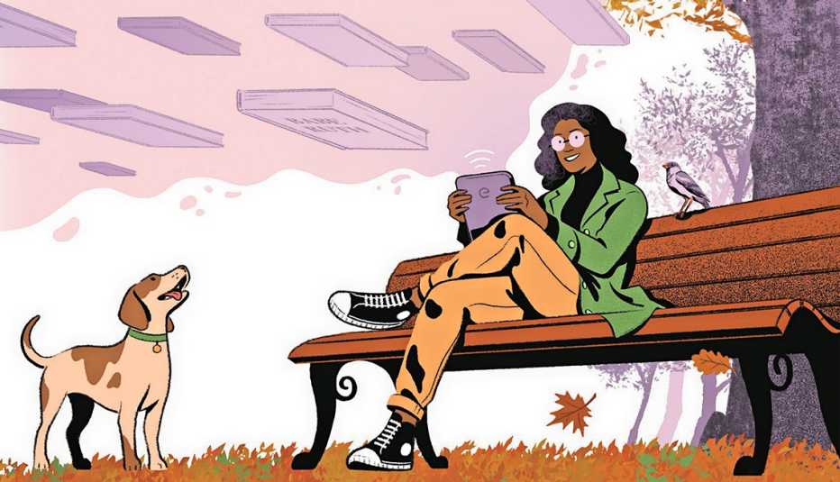 Ilustración de una mujer sentada en una banca con una mascota a su lado.
