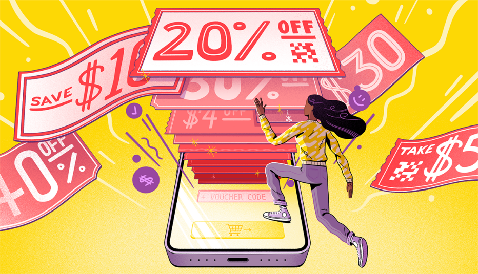 Ilustración de una mujer saltando un teléfono que le salen cupones y descuentos 