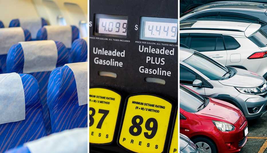 De izquierda a derecha, sillas de un avión, un distribuidor de gasolina, estacionamiento de autos