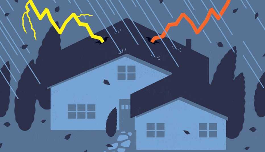 Ilustración de una casa en medio de una lluvia y truenos que caen.