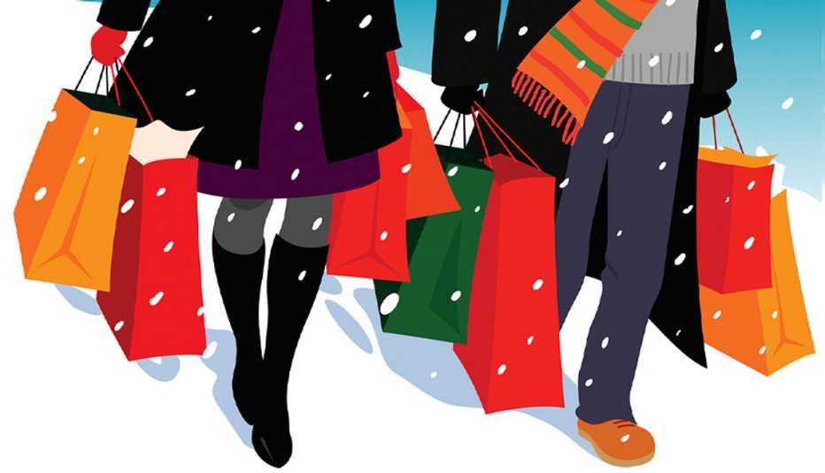 Colorida ilustración de un hombre y una mujer llevando bolsas de compras en la nieve