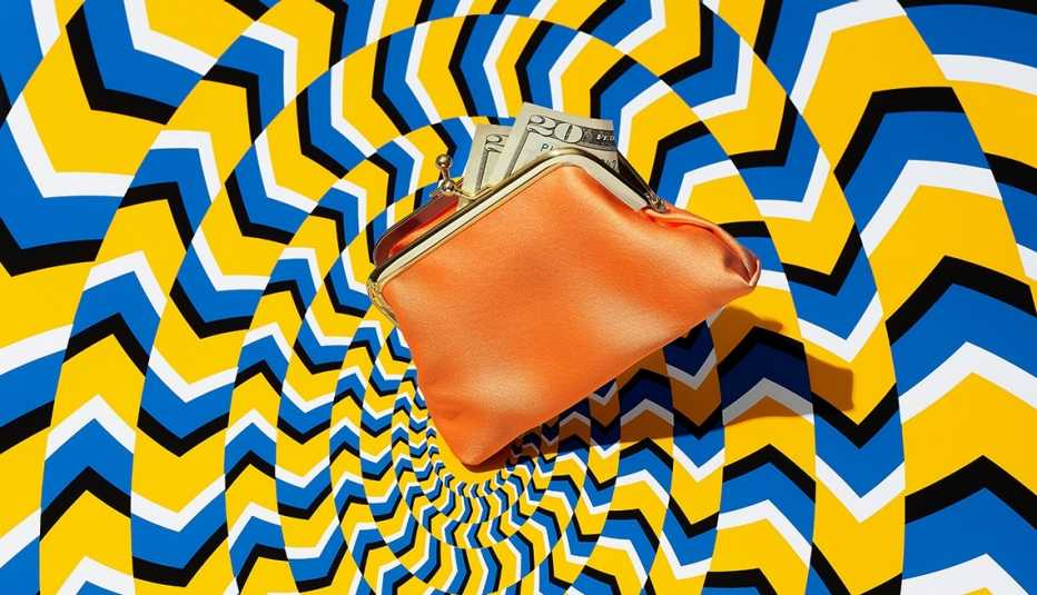 Billetera naranja dentro de un espiral de colores amarillo, azul, blanco y negro