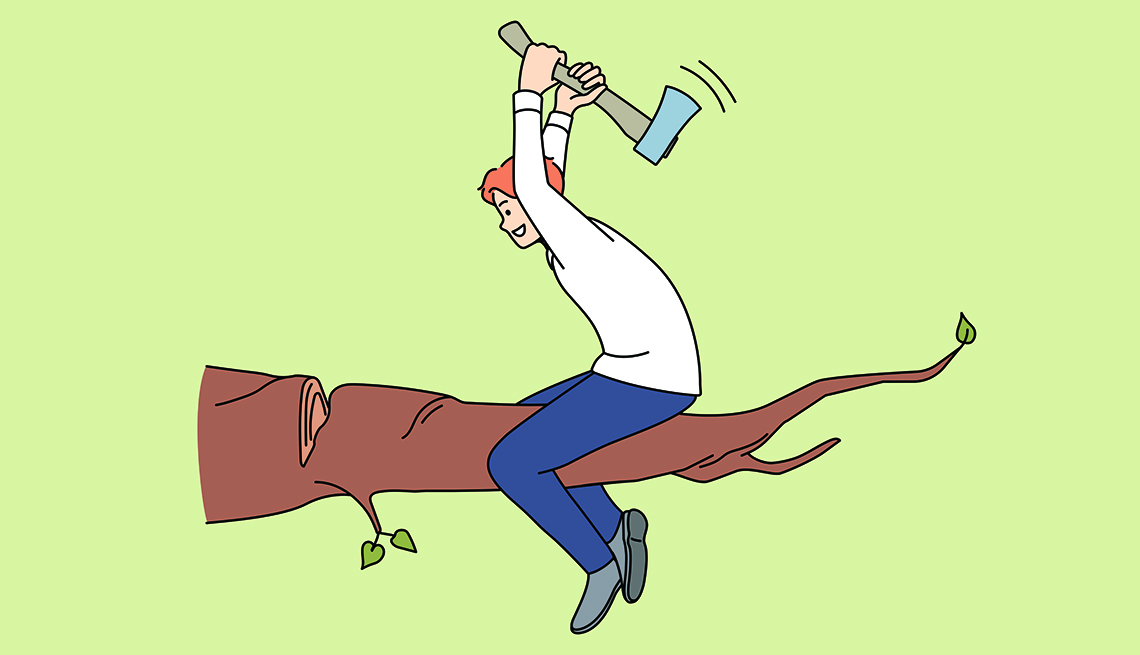 Ilustración de un hombre sentado al extremo de un tronco de un árbol mientras lo corta con un hacha
