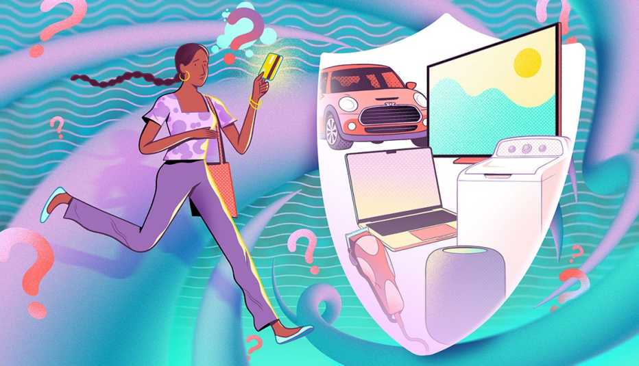 Ilustración de una mujer que lleva una tarjeta de crédito en la mano al lado de un carro, y electrodmésticos