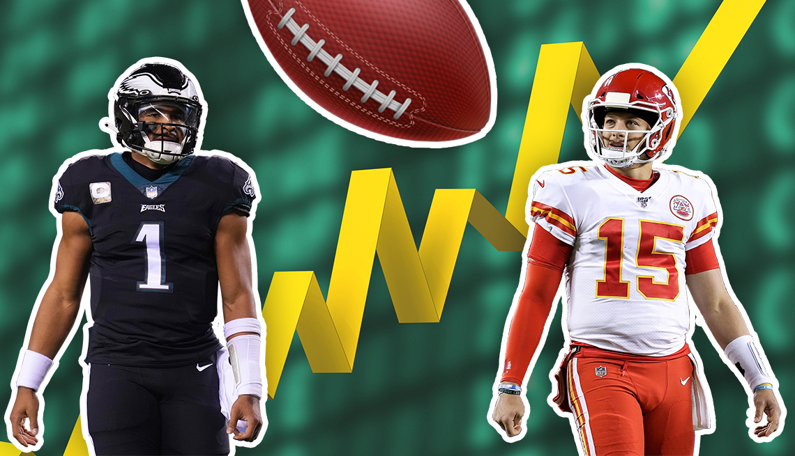 Súper Tazón 57 mariscales de campo Jalen Hurts #1 de Philadelphia Eagles y Patrick Mahomes #15 de Kansas City Chiefs, con una gráfica de inversiones