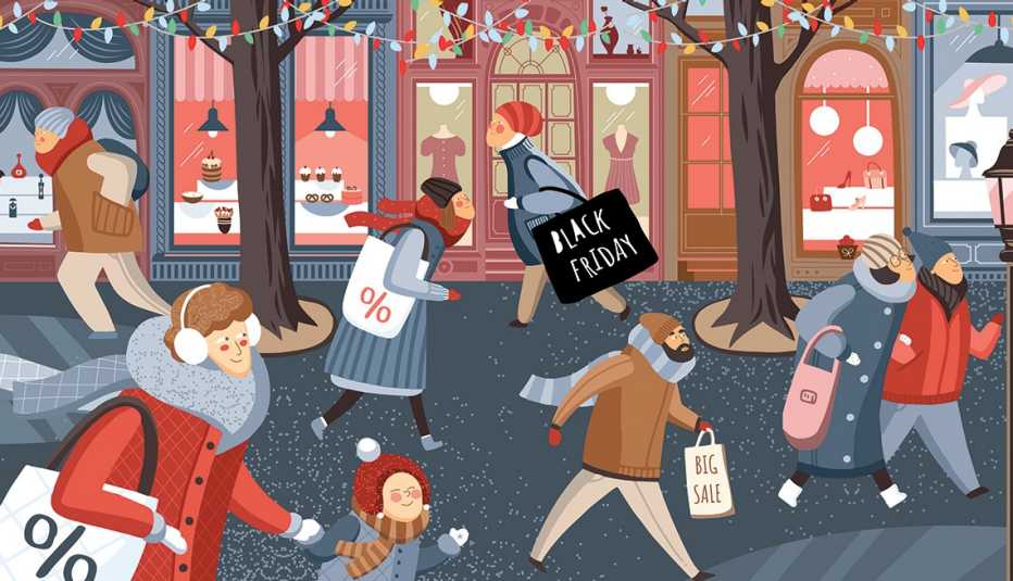 Ilustración de compradores ocupados en una calle decorada con un aspecto invernal llevando bolsas, incluida una marcada como "Viernes Negro" 