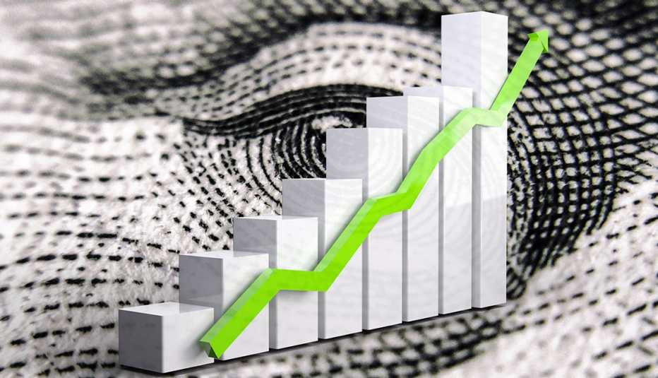 Gráfica estadística a la alza sobre un billete de dólar
