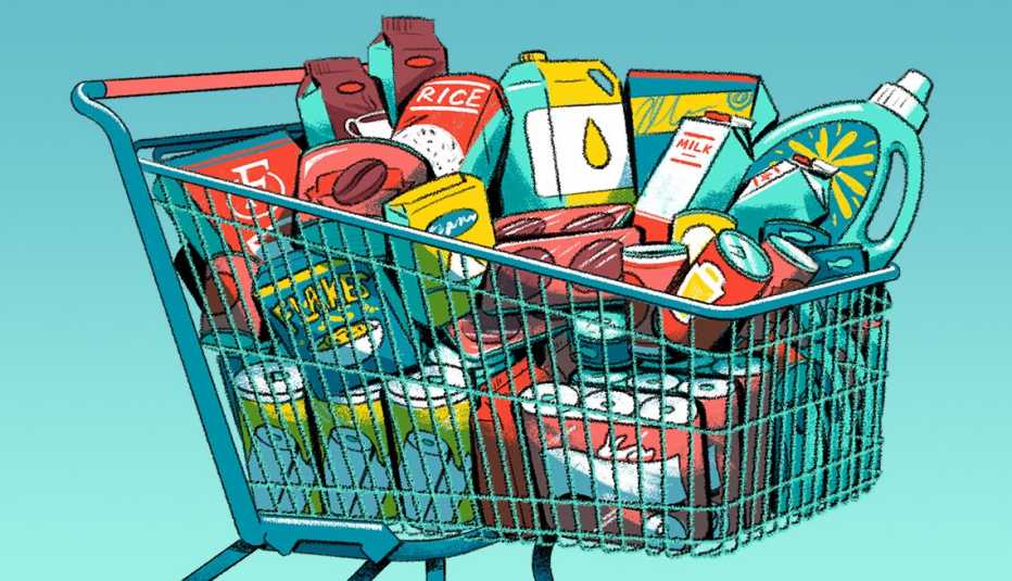 Ilustración de un carrito de compras con elementos de aseo y comestibles
