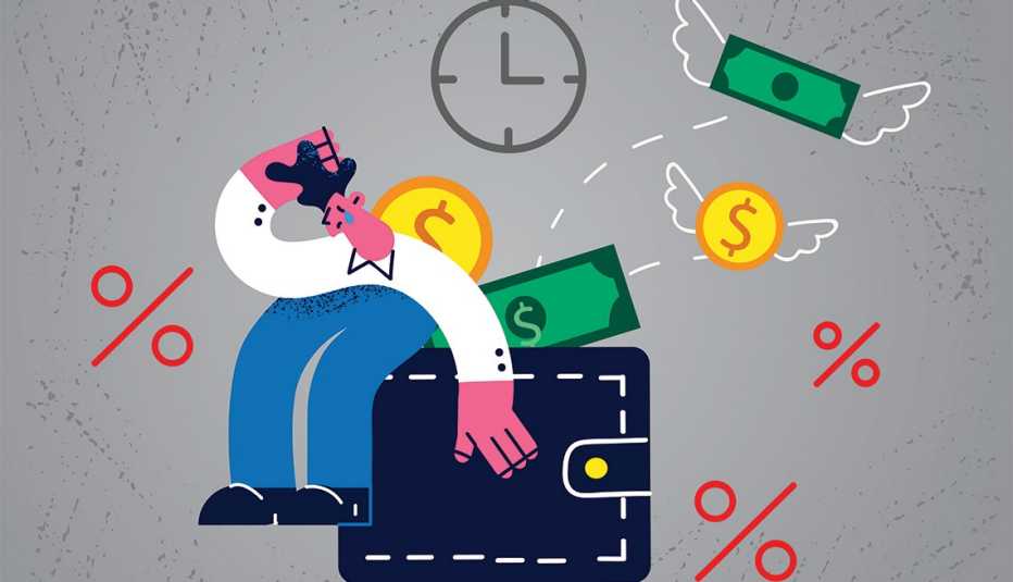 Ilustración de una persona que pone su mano sobre una caja fuerte de donde salen monedas, billetes, porcentajes.