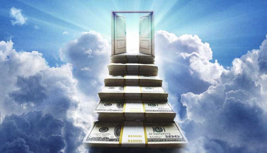 Billete de 100 dólares avanza hacia un conjunto de puertas dobles en el cielo