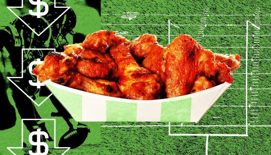una canasta de alitas de pollo sobre una imagen del un estadio de futbol