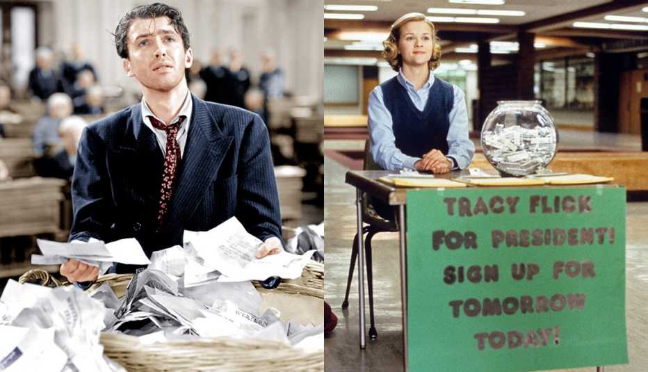 James Stewart en una escena de Mr. Smith Goes to Washington y otra escena de Reese Witherspoon en la película Election.