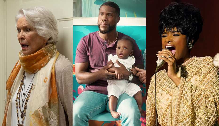 (De izquierda a derecha) Ellen Burstyn en "Queen Bees", Kevin Hart en "Fatherhood" y Jennifer Hudson en "Respect".