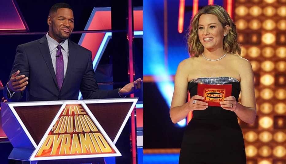 Michael Strahan (izquierda) presenta "The $100,000 Pyramid" y Elizabeth Banks presenta "Press Your Luck".